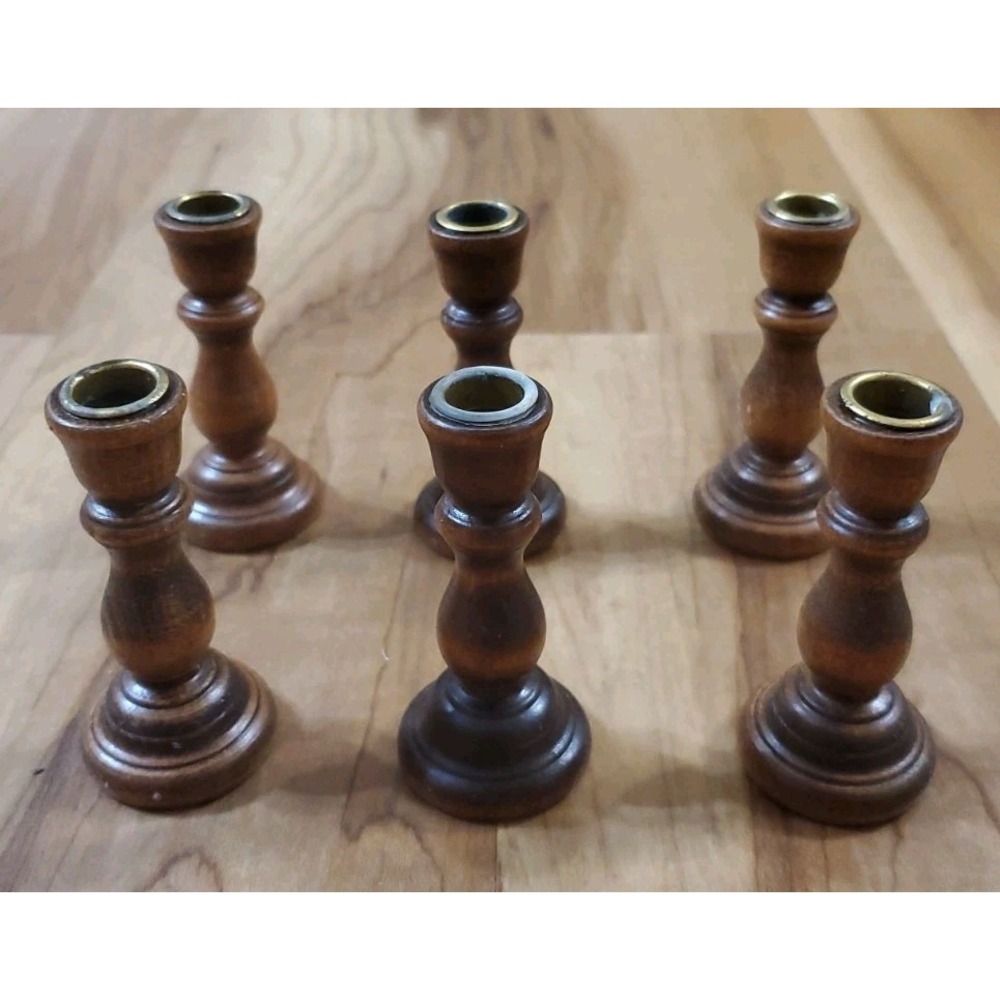 Vintage Miniature Turned Wood Candlestick Holders Set of 6 Mini Chime Taper MCM